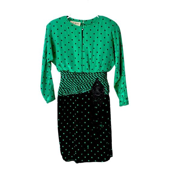 A.J. Bari Silk Green Sequin Polka Dot Dolman Sleeve Dress Petite 4 Vintage - Picture 1 of 9